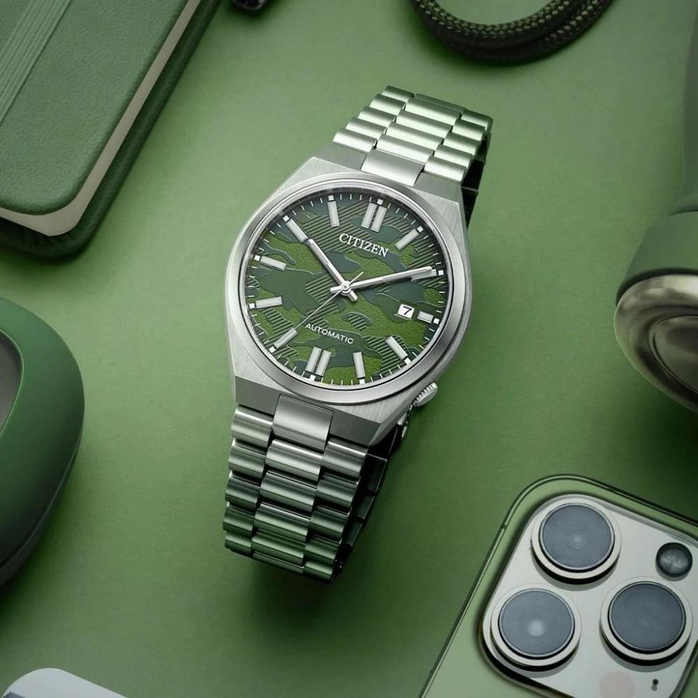 CITIZEN Tsuyosa Collection Automatic Green Camo Dial 40mm Silver Stainless Steel Bracelet NJ0159-86X