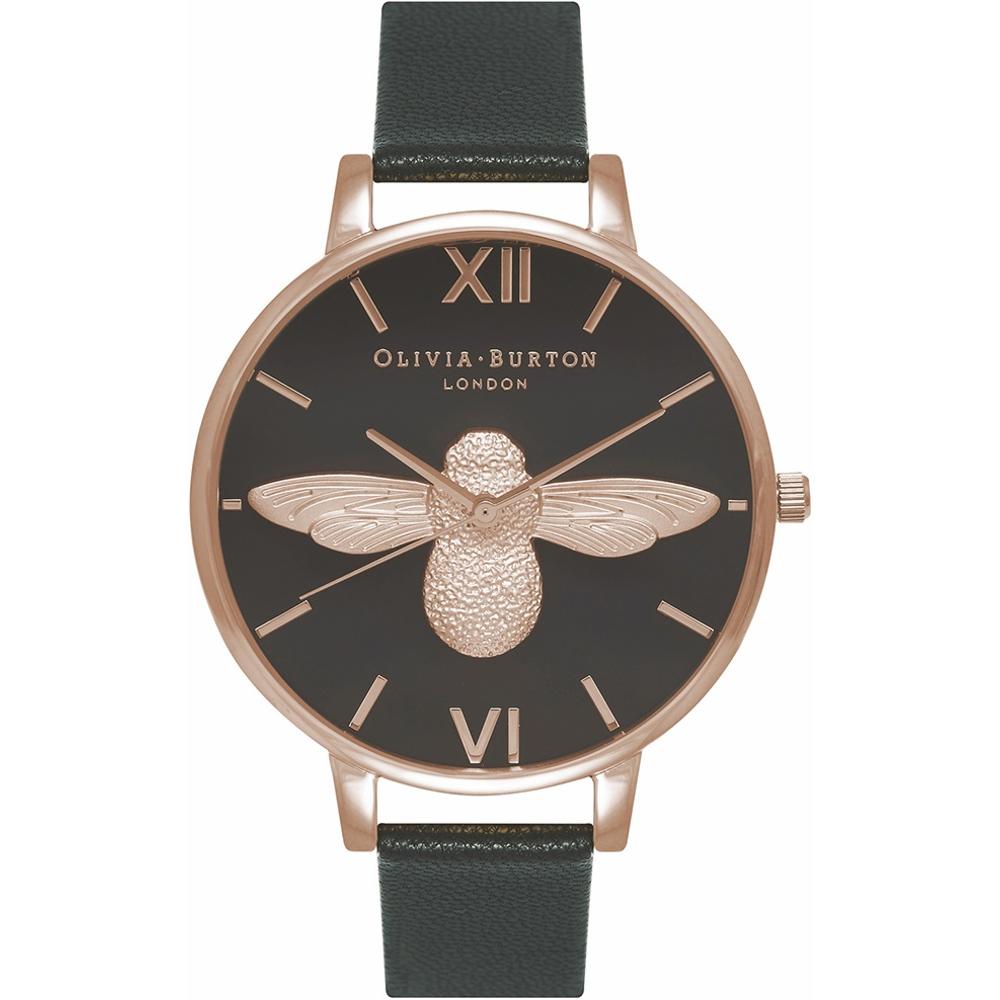 OLIVIA BURTON 3D Bee 38mm Rose Gold Stainless Steel Black Leather Strap OB16AM98