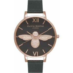 OLIVIA BURTON 3D Bee 38mm Rose Gold Stainless Steel Black Leather Strap OB16AM98 - 10351