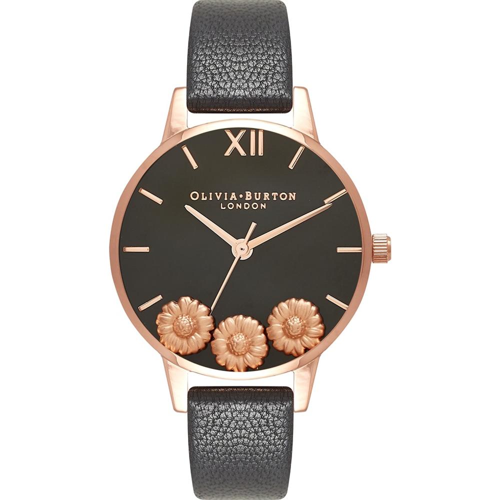 OLIVIA BURTON Dancing Daisy 34mm Rose Gold Stainless Steel Black Leather Strap OB16CH05