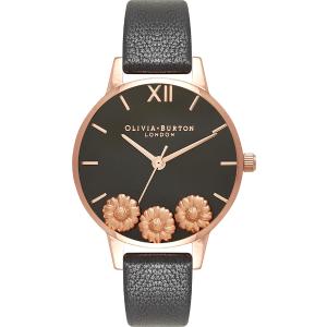 OLIVIA BURTON Dancing Daisy 34mm Rose Gold Stainless Steel Black Leather Strap OB16CH05 - 10438
