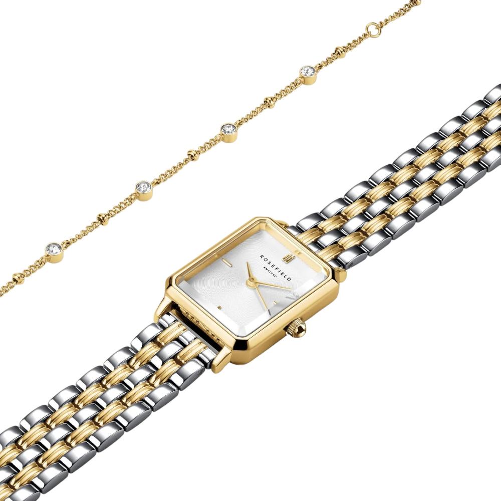 ROSEFIELD The Octagon XS White Sunray Dial 19.5 x 24mm Two Tone Gold Stainless Steel Bracelet Gift Box OWDSG-X279