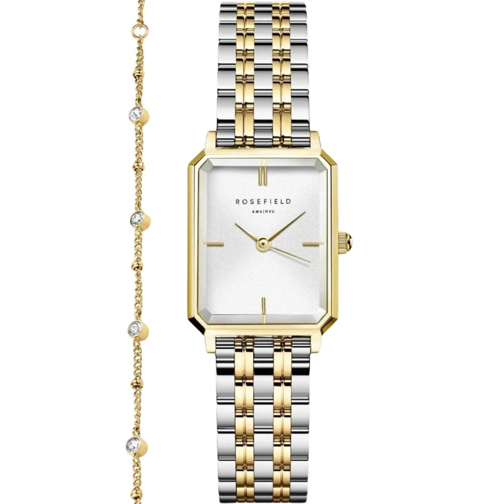 ROSEFIELD The Octagon XS White Sunray Dial 19.5 x 24mm Two Tone Gold Stainless Steel Bracelet Gift Box OWDSG-X279