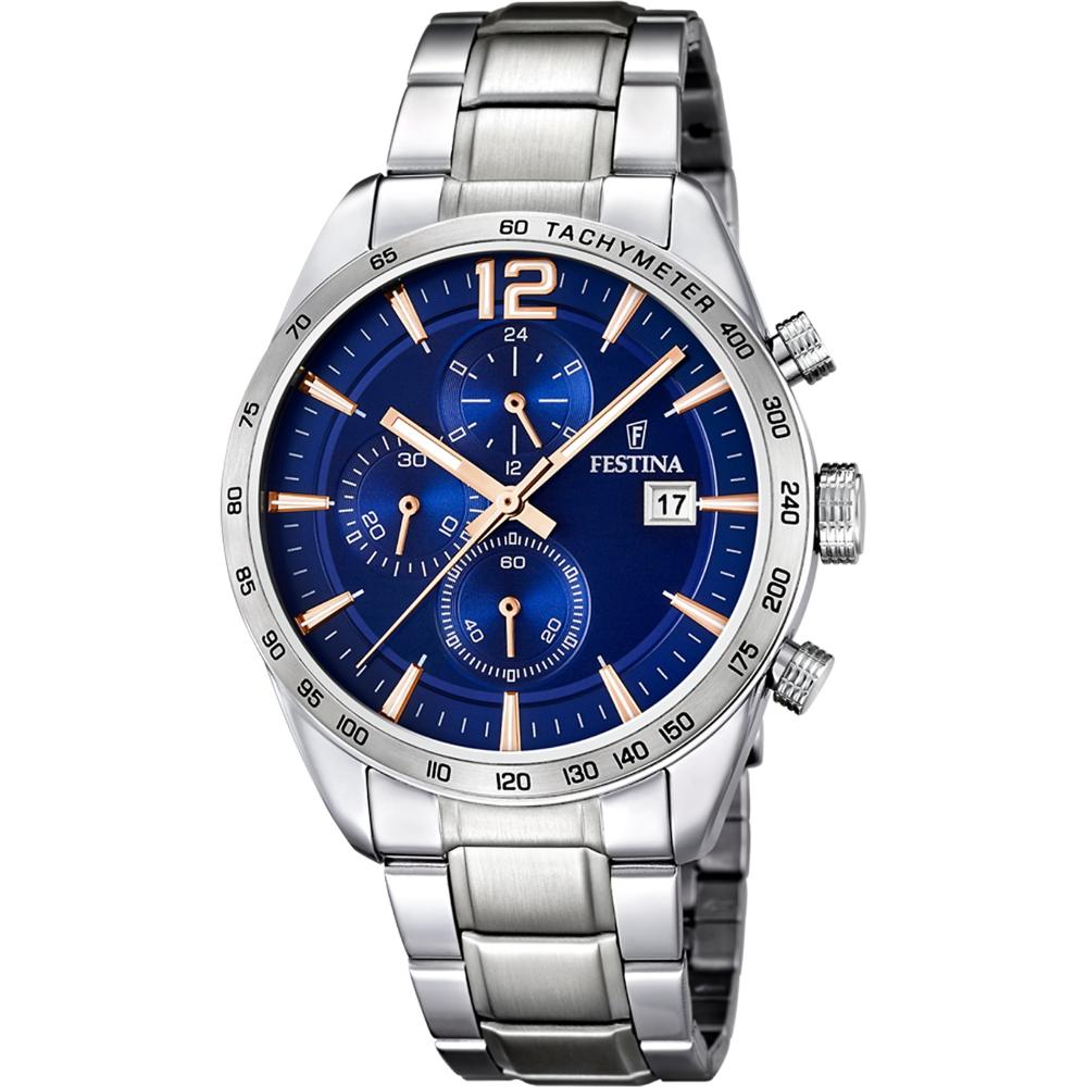 FESTINA Timeless Chronograph Blue Rose Gold Dial 43.5mm Silver Stainless Steel Bracelet F16759/5