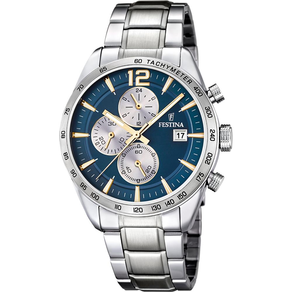 FESTINA Timeless Chronograph Blue Silver Dial 43.5mm Silver Stainless Steel Bracelet F16759/7