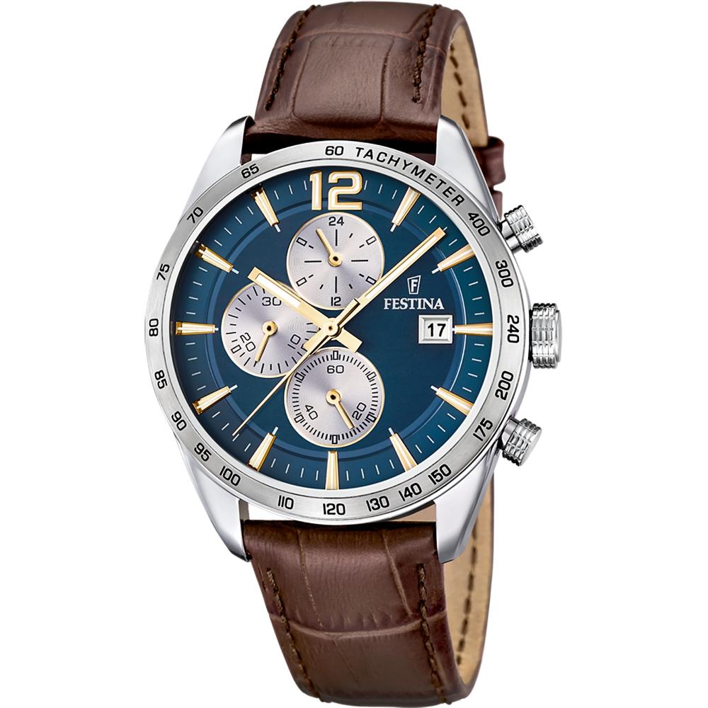 FESTINA Timeless Chronograph Blue Silver Dial 43.5mm Silver Stainless Steel Brown Leather Strap F16760/7