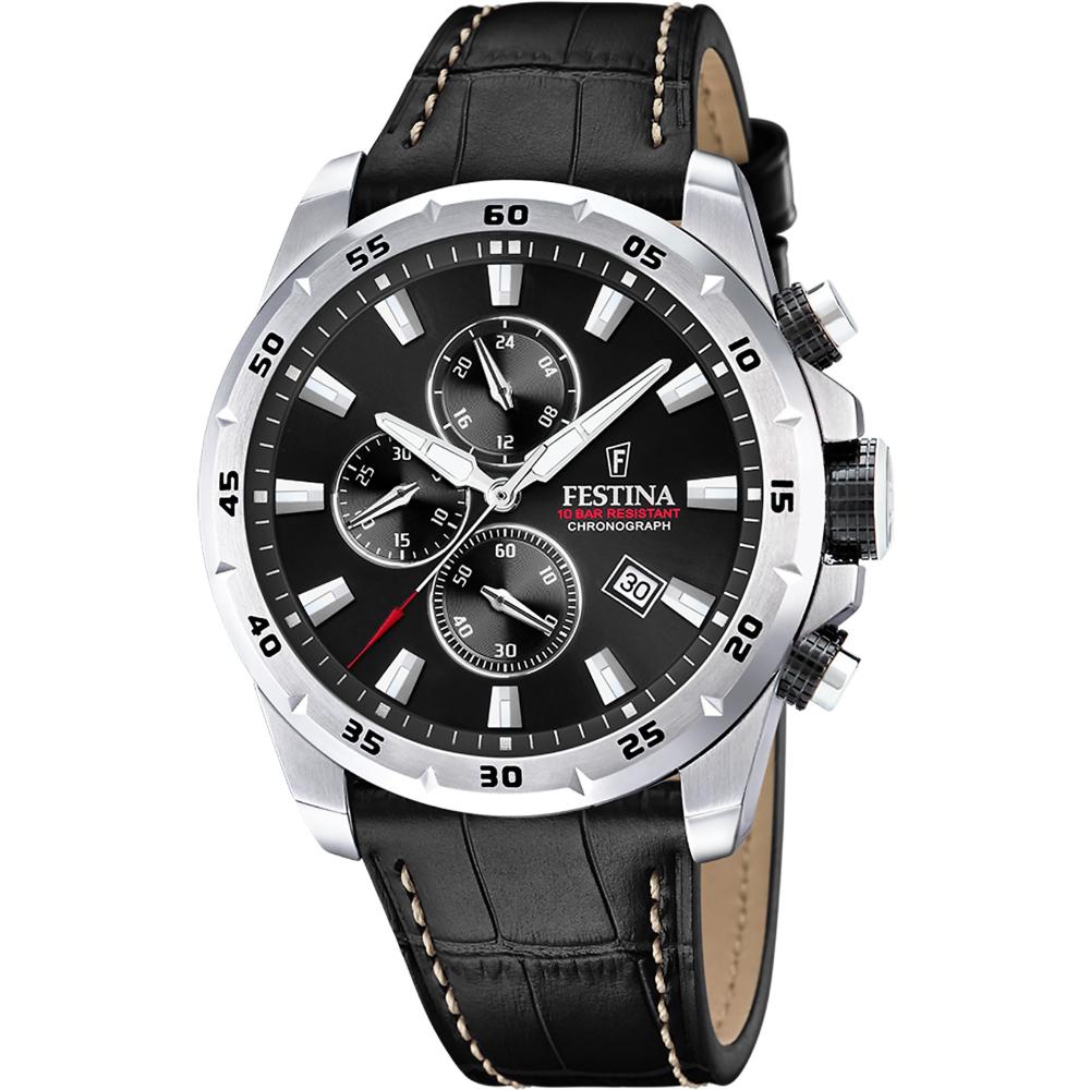 FESTINA Timeless Chronograph Black Dial 45mm Silver Stainless Steel Black Leather Strap F20692/4