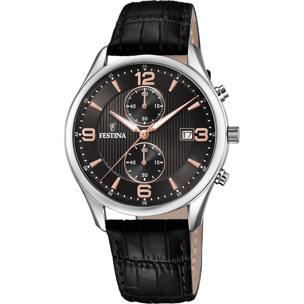 FESTINA Timeless Chronograph Black Rose Gold Dial 42mm Silver Stainless Steel Black Leather Strap F6855/7