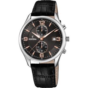 FESTINA Timeless Chronograph Black Rose Gold Dial 42mm Silver Stainless Steel Black Leather Strap F6855/7 - 45160