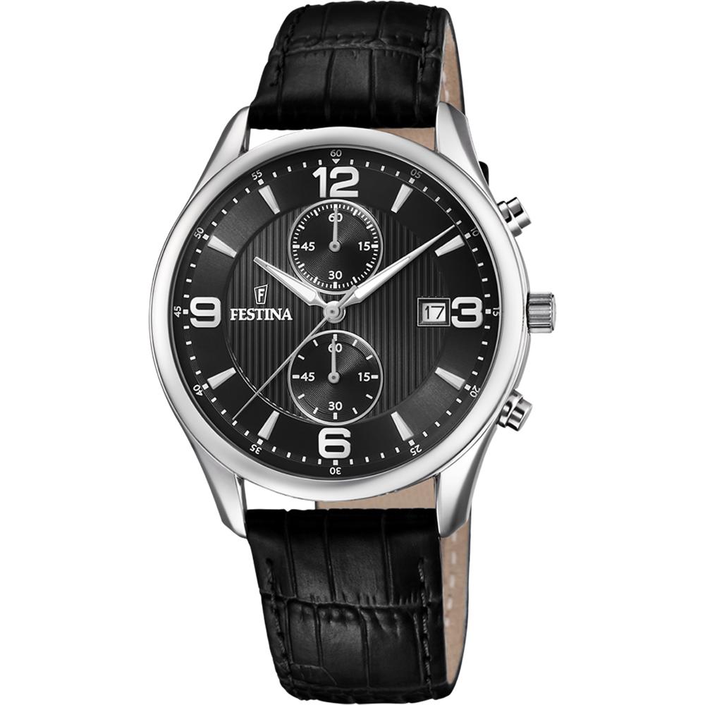 FESTINA Timeless Chronograph Black Dial 42mm Silver Stainless Steel Black Leather Strap F6855/8