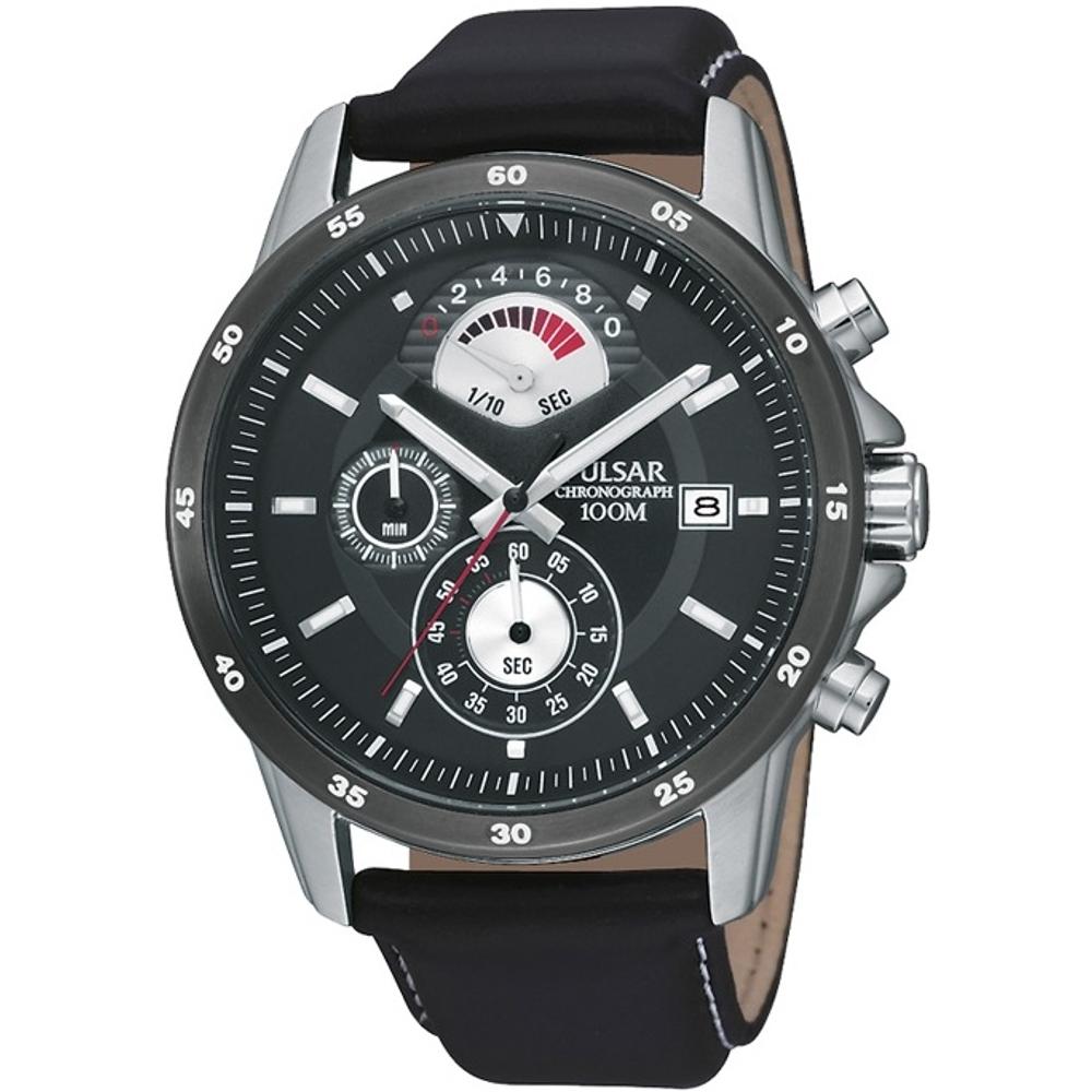 PULSAR Chronograph 43mm Silver Stainless Steel Black Leather Strap PS6007X1