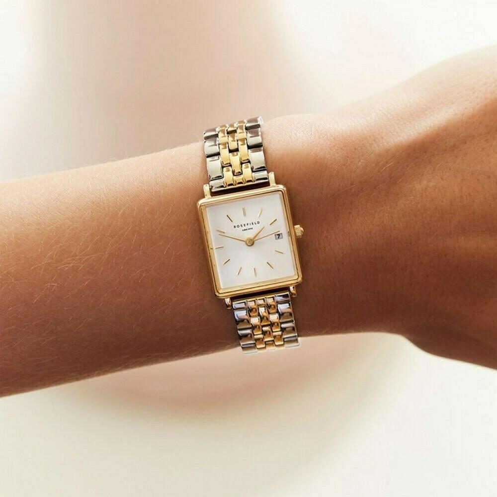 ROSEFIELD The Boxy XS White Sunray 22x24mm Two Tone Gold Stainless Steel Bracelet QMWSSG-Q023