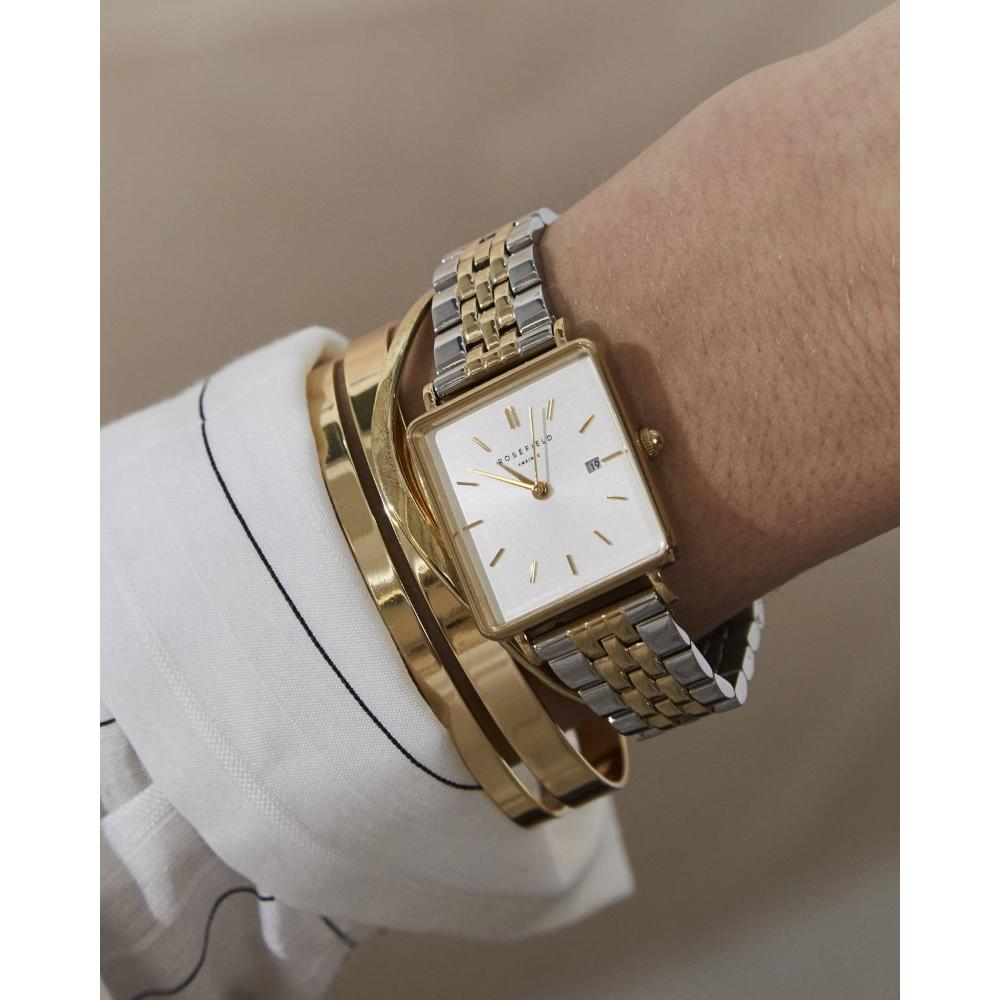 ROSEFIELD The Boxy White Dial 26mm Two Tone Gold Stainless Steel Bracelet QVSGD-Q013