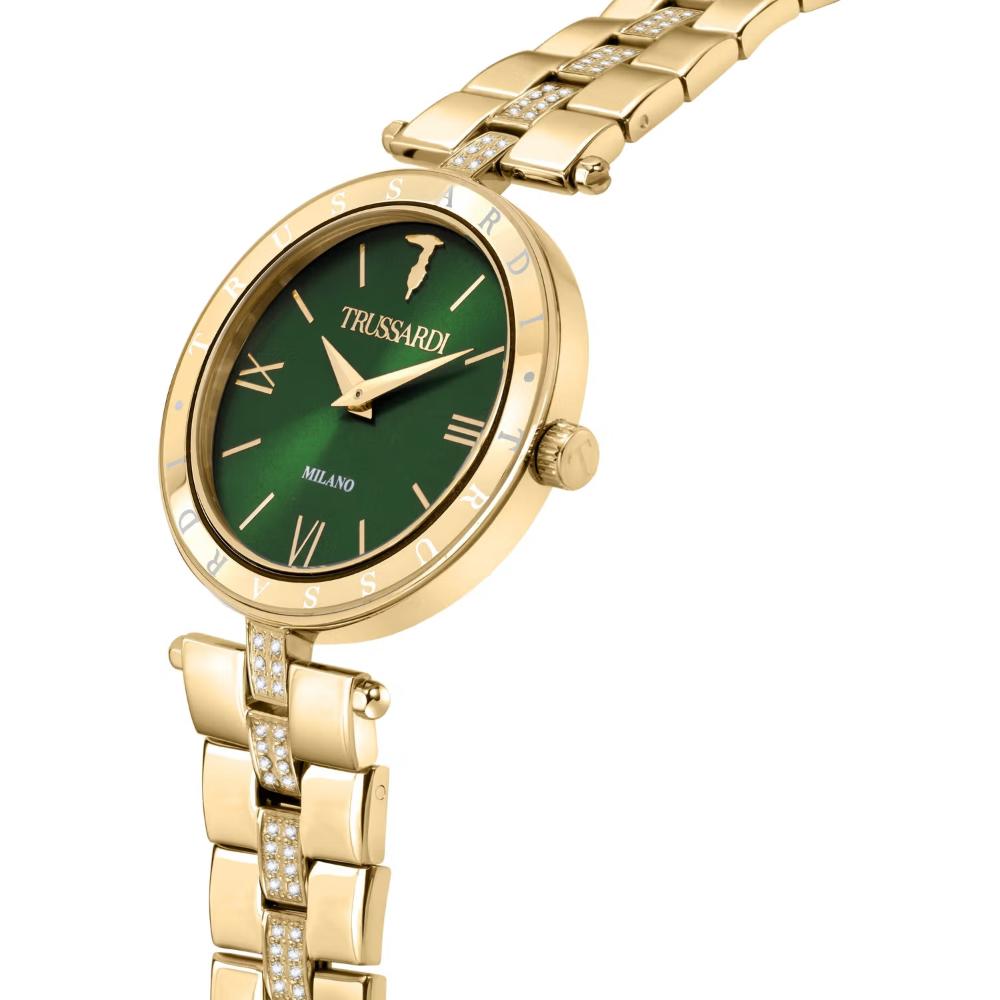 TRUSSARDI T-Shiny Crystals Green Dial 34mm Gold Stainless Steel Bracelet R2453145511