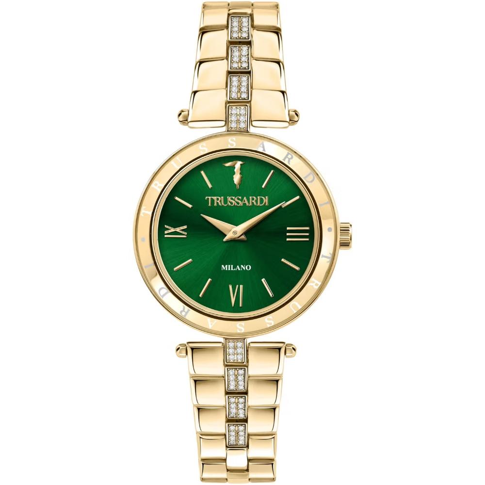 TRUSSARDI T-Shiny Crystals Green Dial 34mm Gold Stainless Steel Bracelet R2453145511