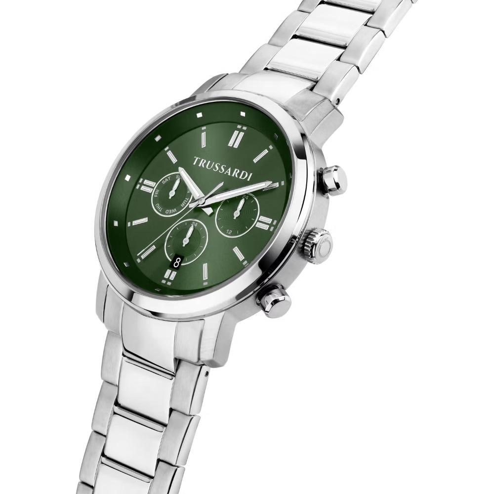 TRUSSARDI T-Couple Dual Time Green Dial 43mm Silver Stainless Steel Bracelet R2453147016