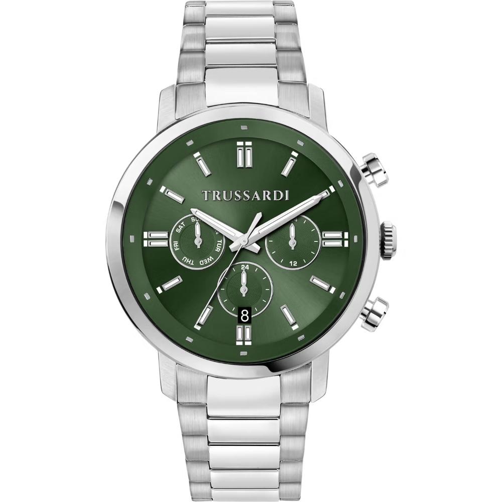 TRUSSARDI T-Couple Dual Time Green Dial 43mm Silver Stainless Steel Bracelet R2453147016