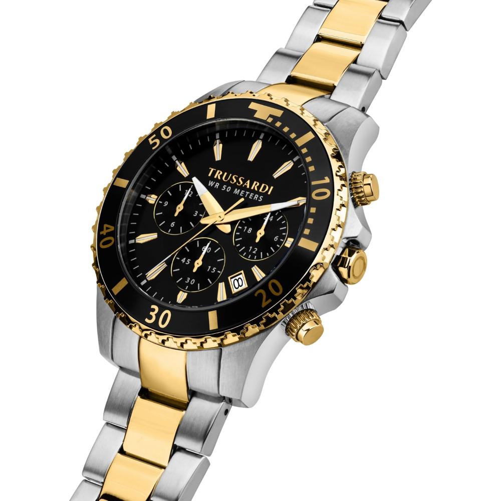 TRUSSARDI City Life Chronograph Black Dial 42mm Two Tone Gold Stainless Steel Bracelet R2453169002