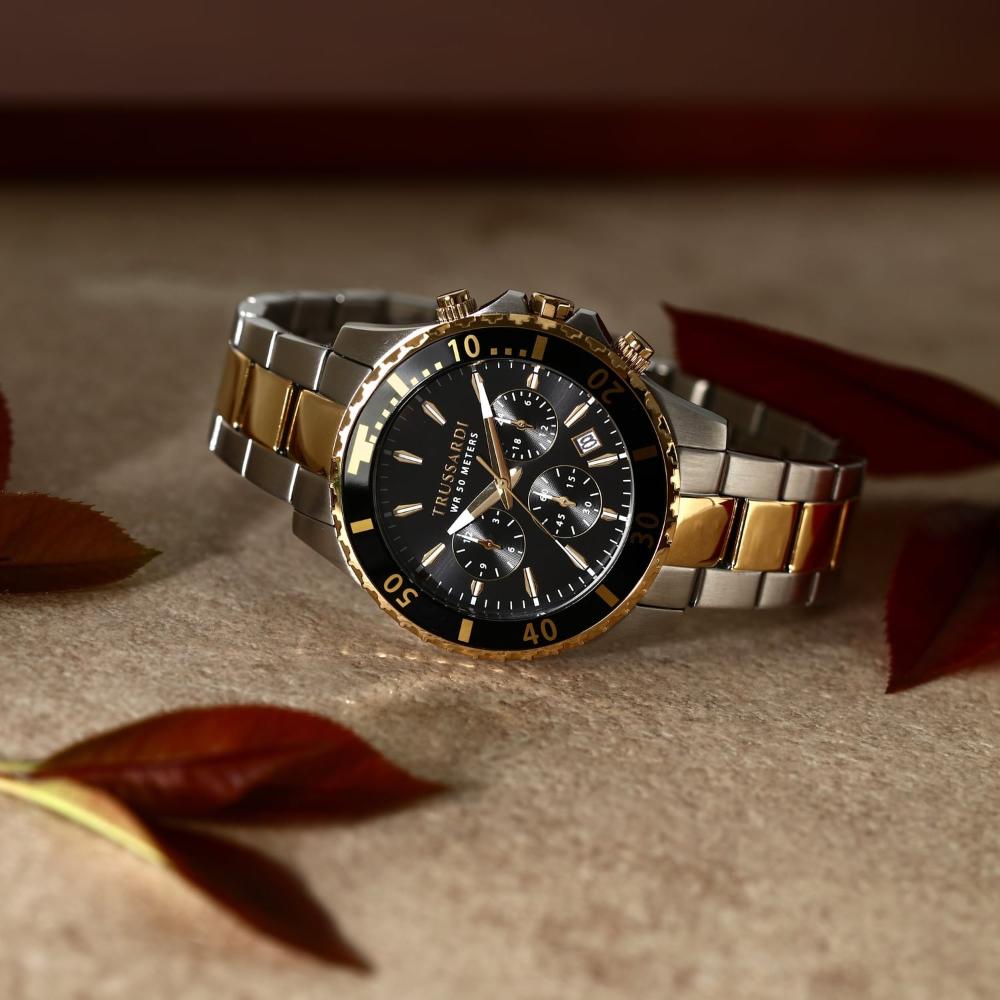 TRUSSARDI City Life Chronograph Black Dial 42mm Two Tone Gold Stainless Steel Bracelet R2453169002