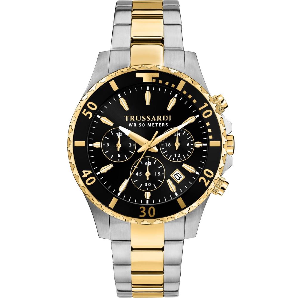 TRUSSARDI City Life Chronograph Black Dial 42mm Two Tone Gold Stainless Steel Bracelet R2453169002