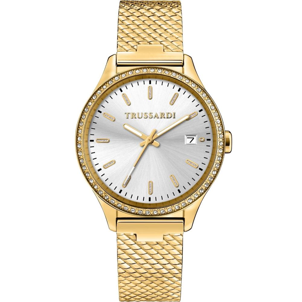 TRUSSARDI City Life Crystals Silver Dial 35mm Gold Stainless Steel Milanese Bracelet R2453170504