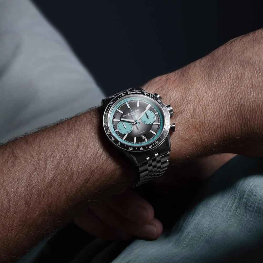 RAYMOND WEIL Freelancer Pop Bi-Compax Chronograph Limited Edition Black - Turquoise Dial 43.5mm Silver Titanium Bracelet 7780-TI-20425 - 7