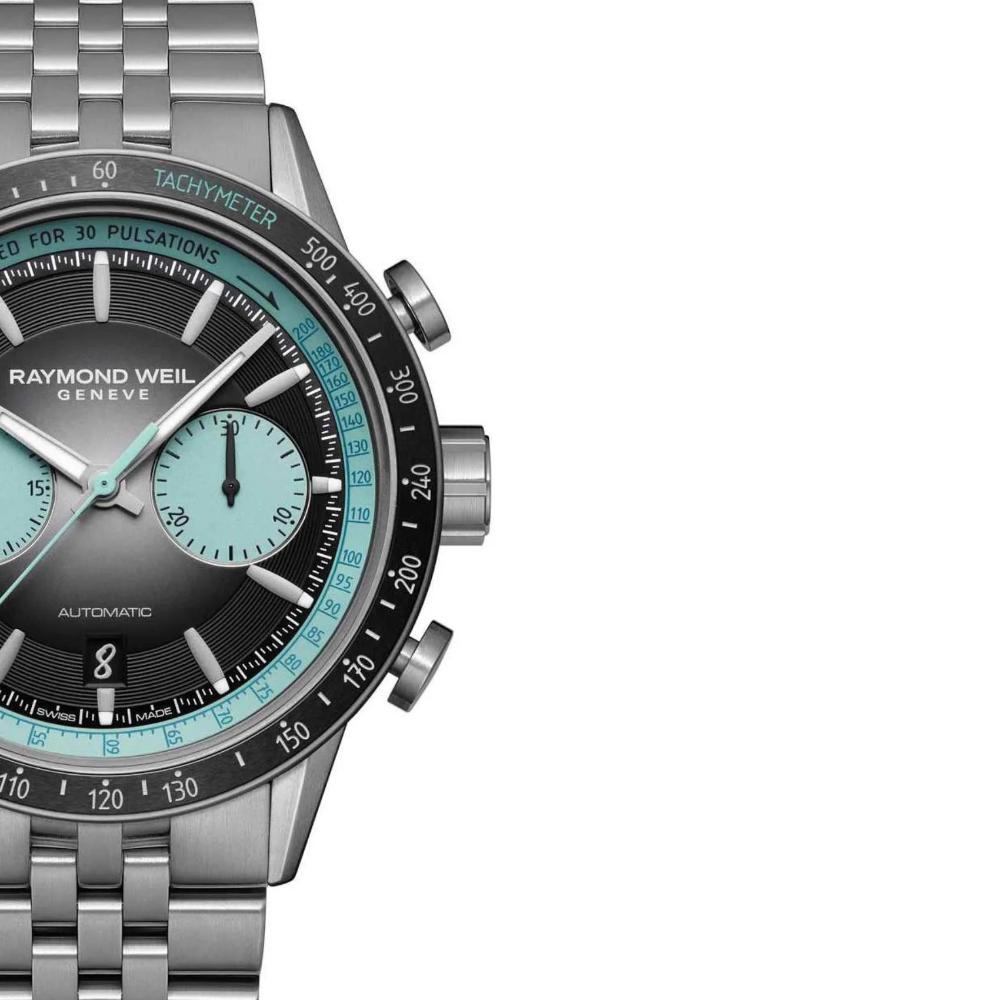 RAYMOND WEIL Freelancer Pop Bi-Compax Chronograph Limited Edition Black - Turquoise Dial 43.5mm Silver Titanium Bracelet 7780-TI-20425