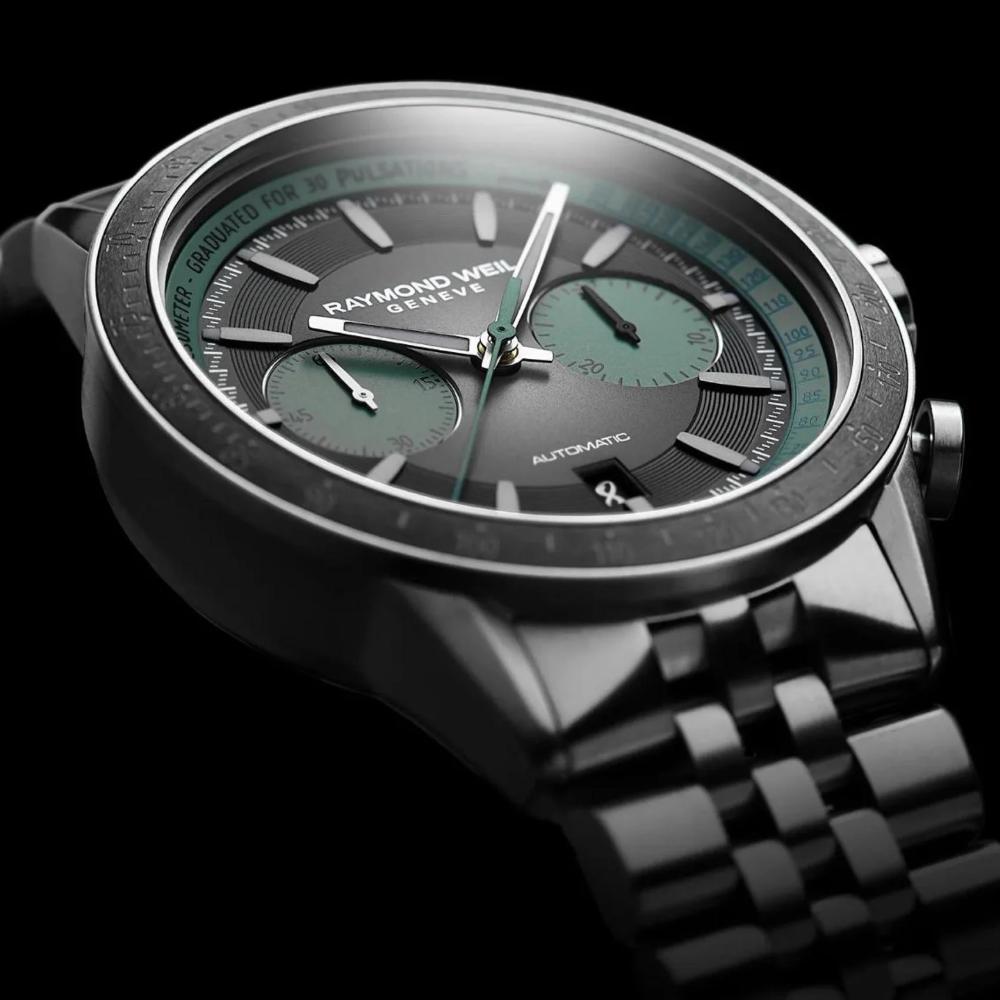 RAYMOND WEIL Freelancer Pop Bi-Compax Chronograph Limited Edition Black - Turquoise Dial 43.5mm Silver Titanium Bracelet 7780-TI-20425