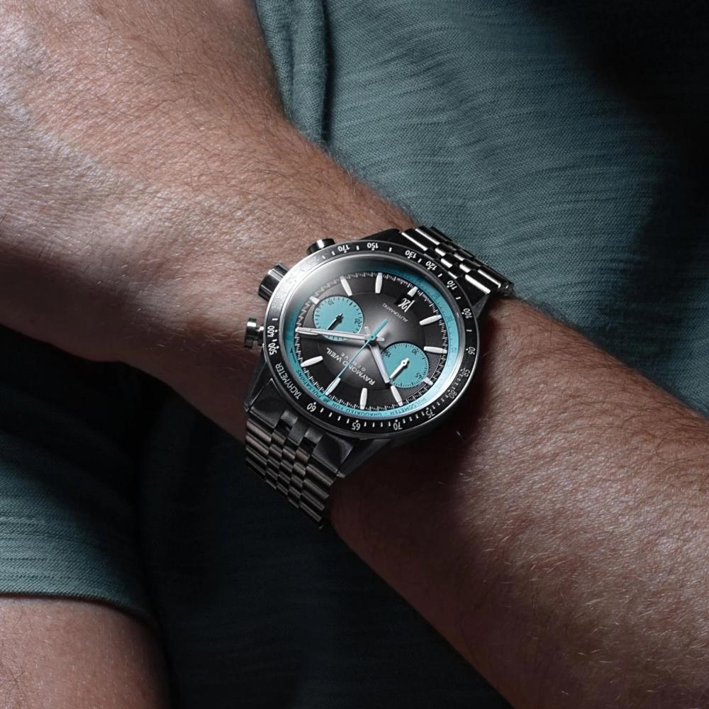 RAYMOND WEIL Freelancer Pop Bi-Compax Chronograph Limited Edition Black - Turquoise Dial 43.5mm Silver Titanium Bracelet 7780-TI-20425 - 8