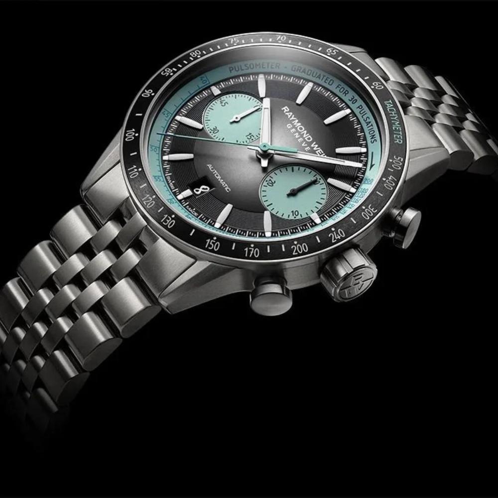 RAYMOND WEIL Freelancer Pop Bi-Compax Chronograph Limited Edition Black - Turquoise Dial 43.5mm Silver Titanium Bracelet 7780-TI-20425 - 6
