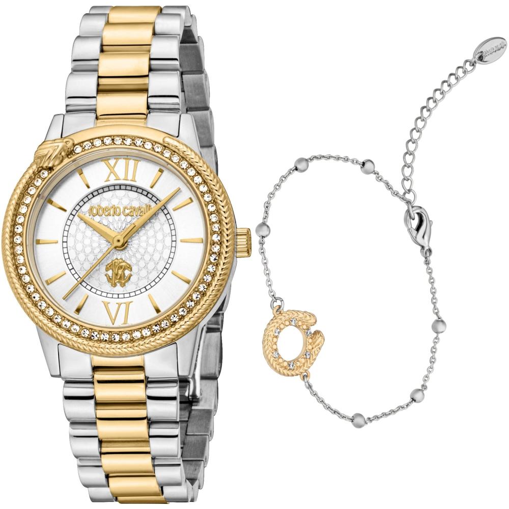 ROBERTO CAVALLI Core Gift Set Silver Dial 32mm Two Tone Gold Stainless Steel Bracelet RC5L037M2055