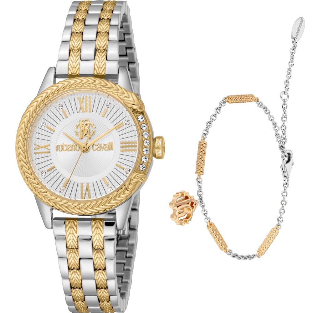 ROBERTO CAVALLI Snake Core Silver Dial 30mm Two Tone Gold Stainless Steel Bracelet Gift Set RC5L077M0085