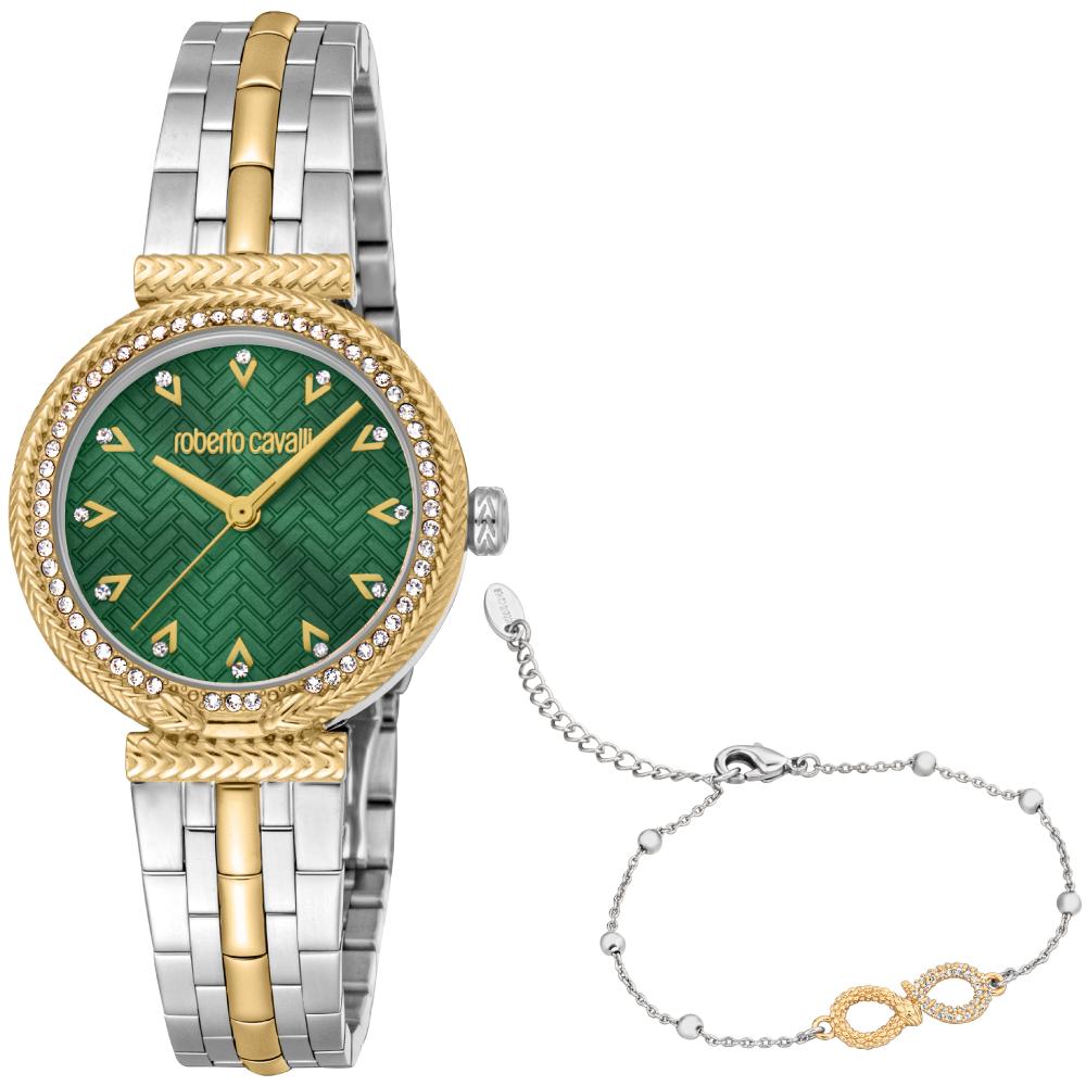 ROBERTO CAVALLI Snake Core Crystals Green Dial 30mm Two tone Gold Stainless Steel Bracelet Gift Set RC5L078M0065