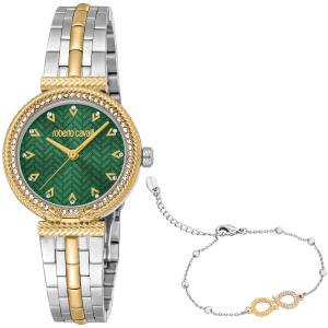 ROBERTO CAVALLI Snake Core Crystals Green Dial 30mm Two tone Gold Stainless Steel Bracelet Gift Set RC5L078M0065 - 40326