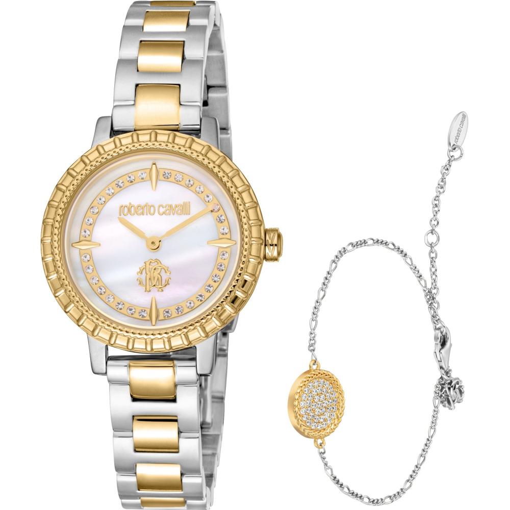 ROBERTO CAVALLI Glam White Pearl Dial 30mm Two Tone Gold Stainless Steel Bracelet Gift Set RC5L082M0055