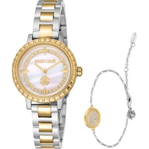 ROBERTO CAVALLI Glam White Pearl Dial 30mm Two Tone Gold Stainless Steel Bracelet Gift Set RC5L082M0055 - 43081