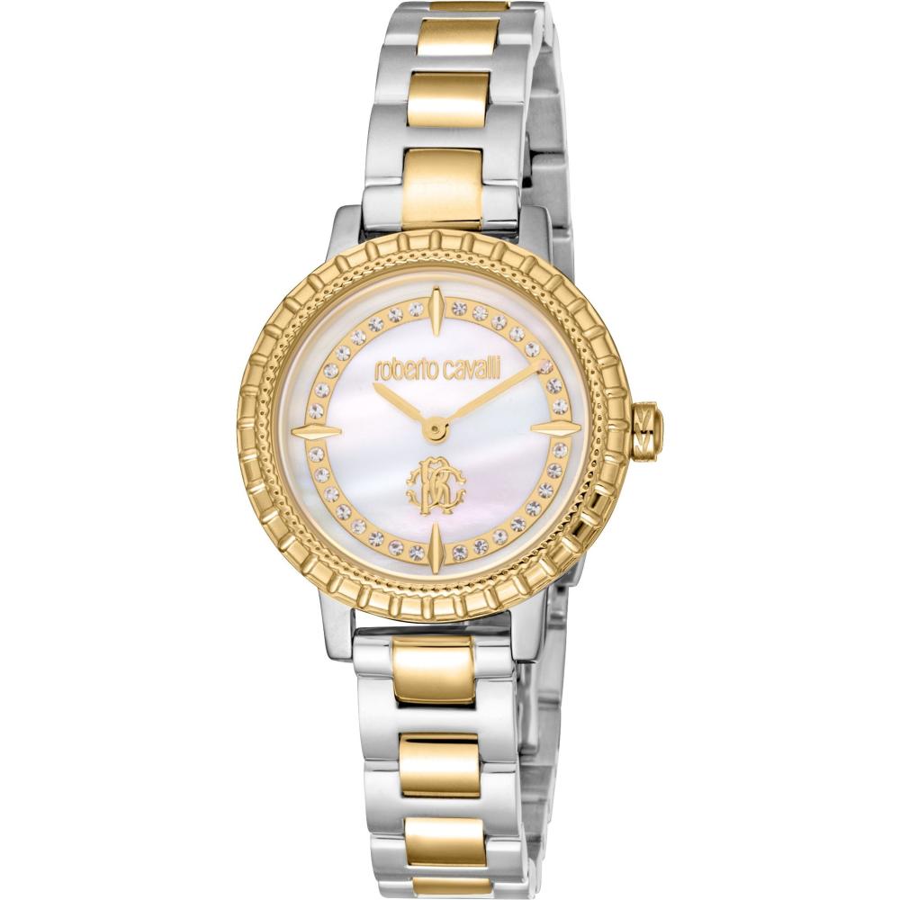 ROBERTO CAVALLI Glam White Pearl Dial 30mm Two Tone Gold Stainless Steel Bracelet Gift Set RC5L082M0055