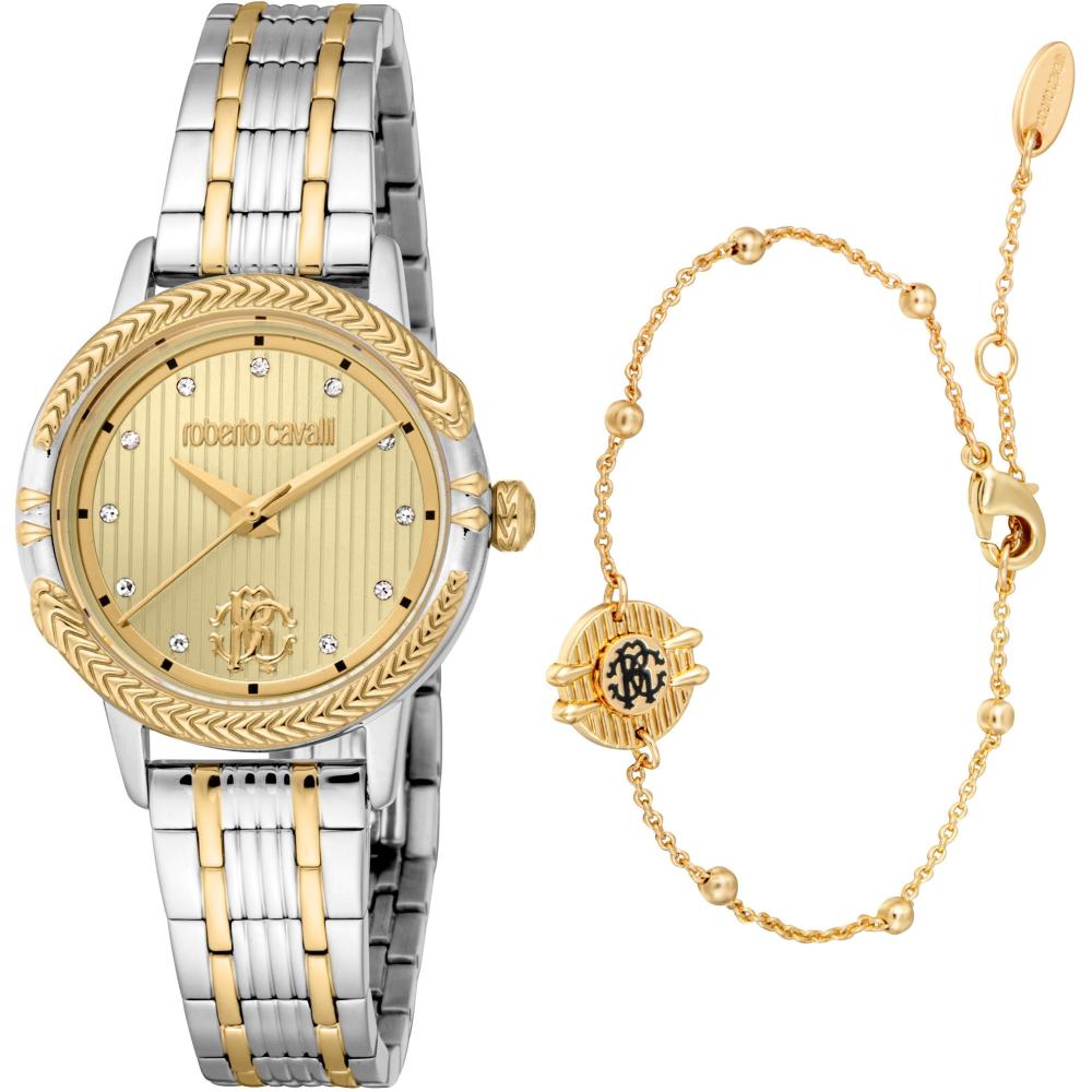 ROBERTO CAVALLI Core Gold Dial 30mm Two Tone Gold Stainless Steel Bracelet Gift Set RC5L094M0085