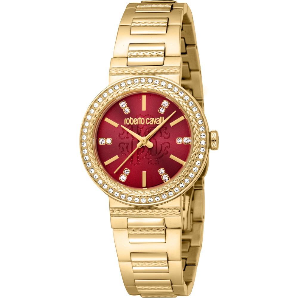 ROBERTO CAVALLI Glam Crystals Red Dial 30mm Gold Stainless Steel Bracelet RC5L098M0035