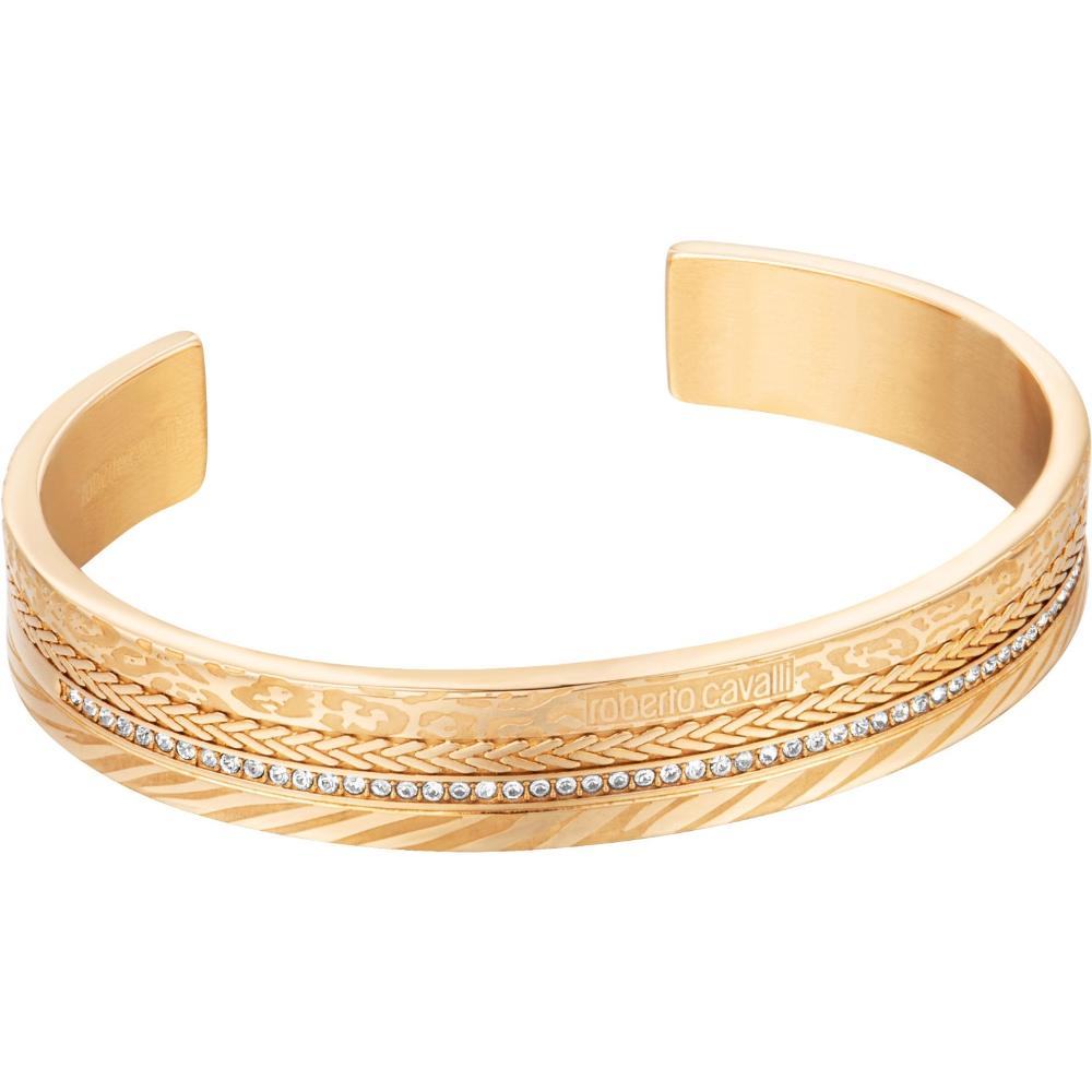 ROBERTO CAVALLI Trama Cuff Bracelet Gold Stainless Steel with Cubic Zirconia RCBA00072200