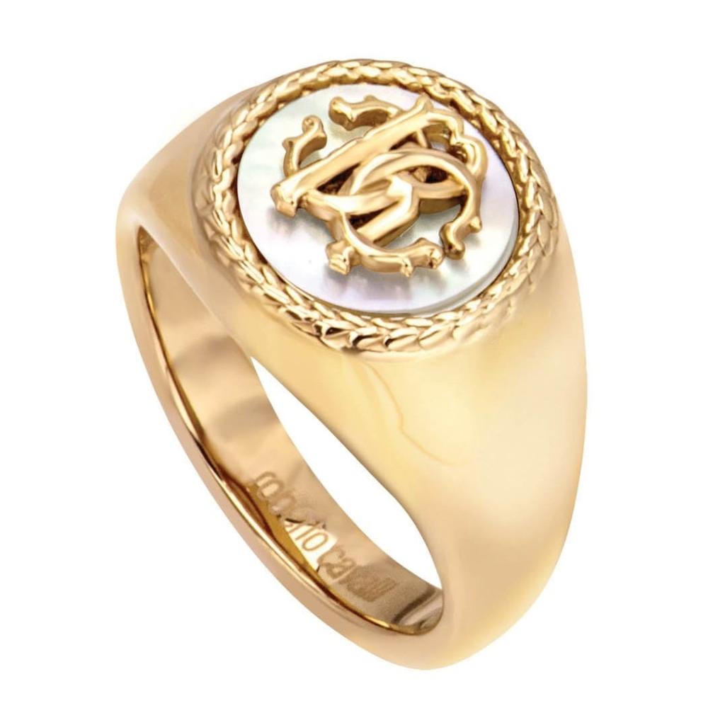 ROBERTO CAVALLI Logo Ring Gold Stainless Steel with White Pearl RCRG00052208