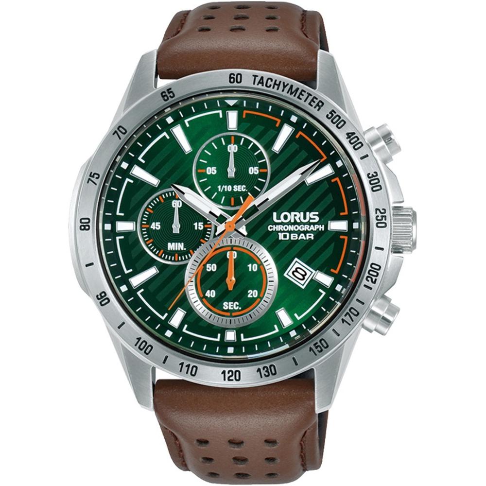 LORUS Sport Chronograph Green Dial 43mm Silver Stainless Steel Brown Leather Strap RM303JX9