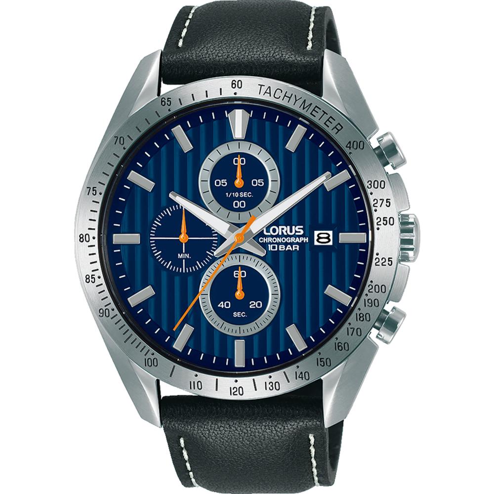 LORUS Sports Chronograph Blue Dial 45mm Silver Stainless Steel Black Leather Strap RM311HX9