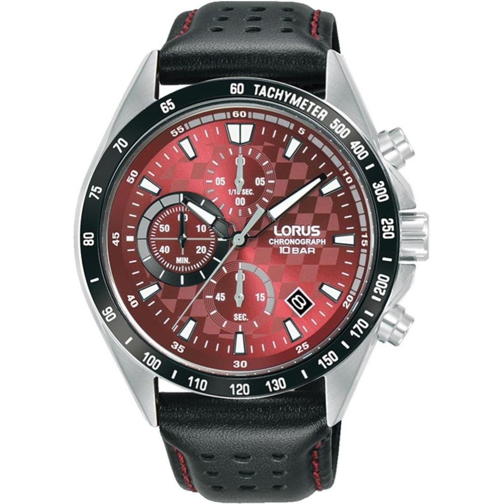 LORUS Sport Chronograph Red Dial 43mm Silver Stainless Steel Black Leather Strap RM319JX9