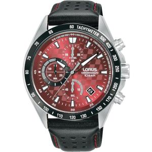 LORUS Sport Chronograph Red Dial 43mm Silver Stainless Steel Black Leather Strap RM319JX9 - 41874