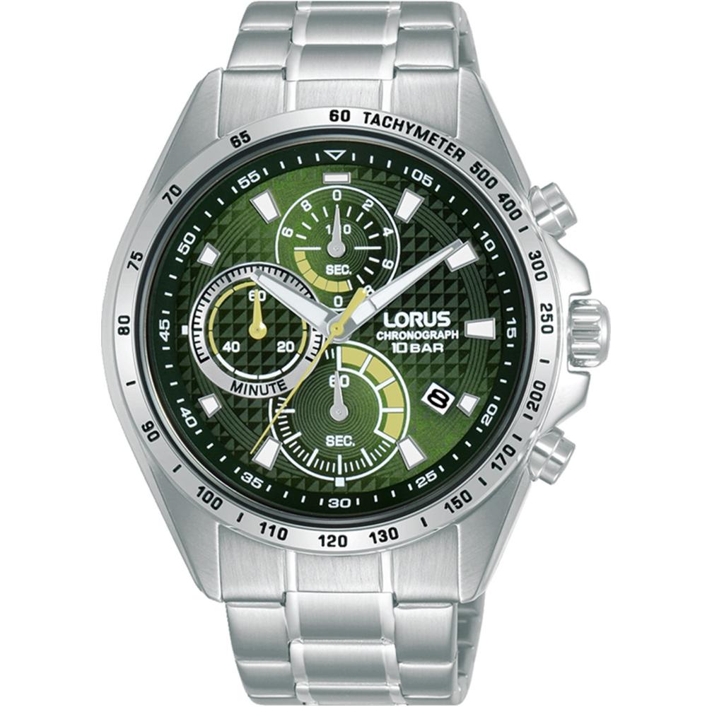 LORUS Sport Chronograph Green Dial 44mm Silver Stainless Steel Bracelet RM355HX9