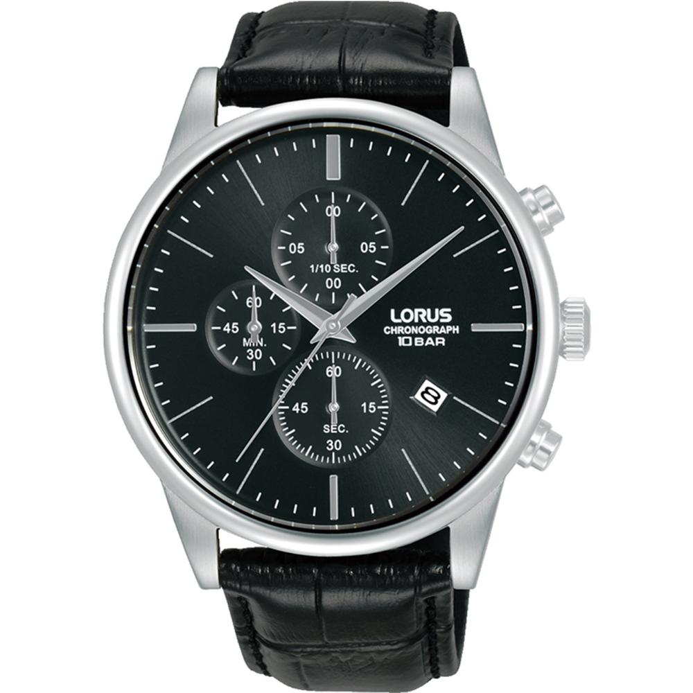 LORUS Urban Chronograph Black Dial 43mm Silver Stainless Steel Black Leather Strap RM367JX9