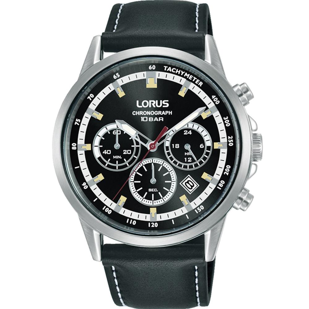 LORUS Sport Chronograph Black Dial 42mm Silver Stainless Steel Black Leather Strap RT301KX9