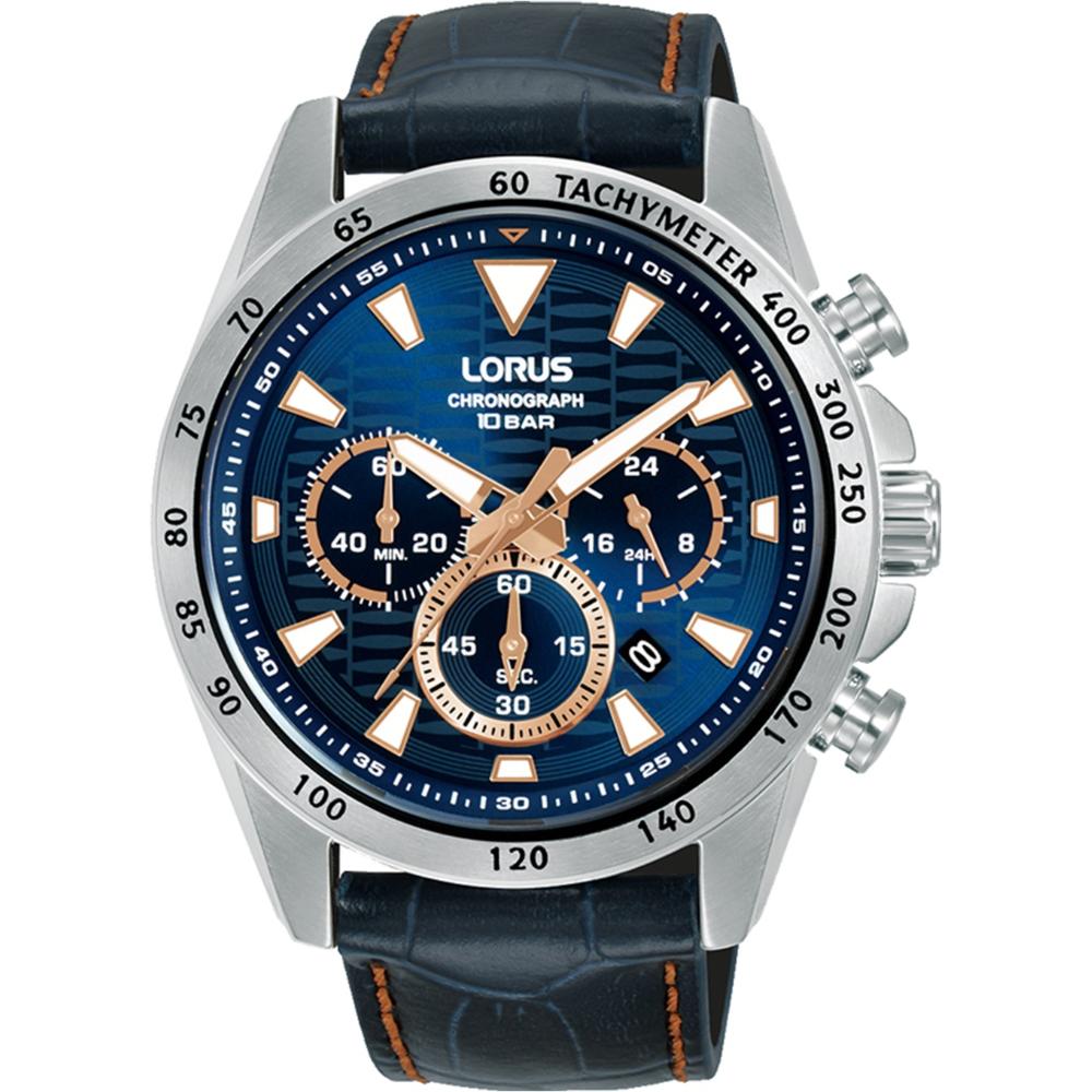 LORUS Sports Chronograph Blue Dial 43.5mm Silver Stainless Steel Blue Leather Strap RT359KX9