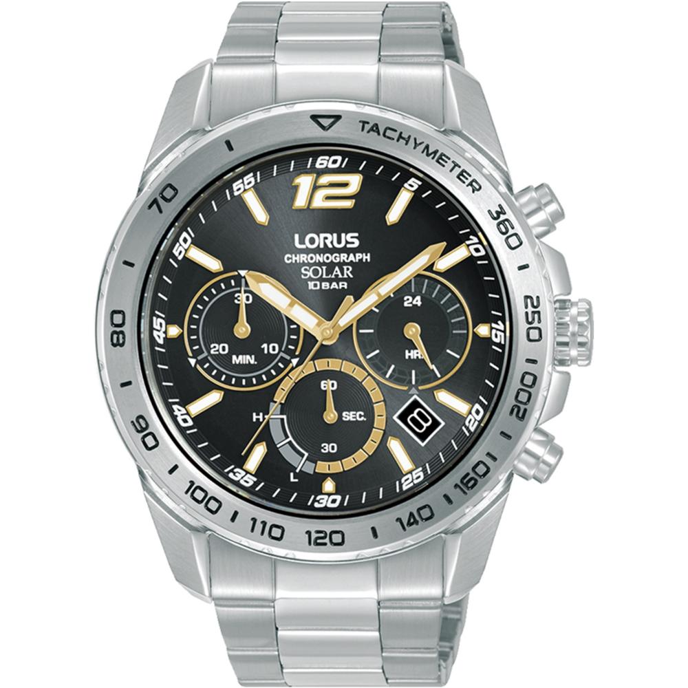 LORUS Sports Solar Chronograph Black Dial 43.8mm Silver Stainless Steel Bracelet RZ509AX9